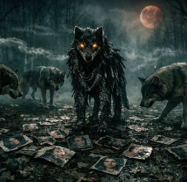 A dark fantasy scene featuring a pack of wolves with glowing eyes in a haunted forest under a full moon.