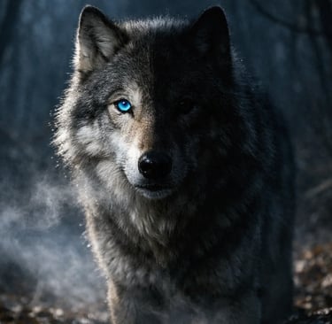 a wolf - like animal with blue eyes