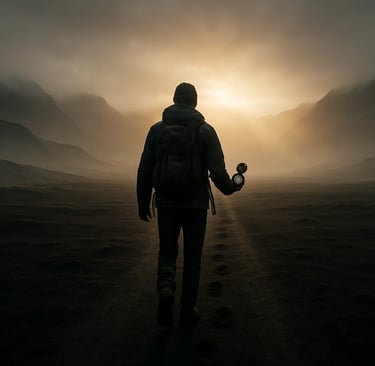 a man walking on a dirt road with a backpack