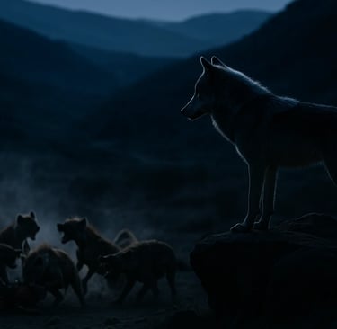 a wolf dog standing on a rock in the dark