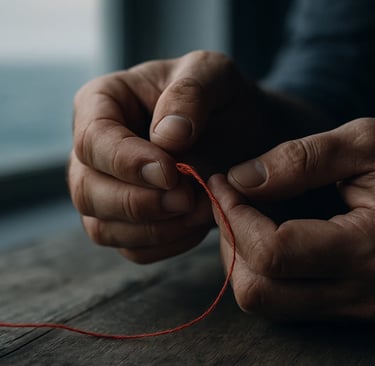 a person holding a red thread and thread