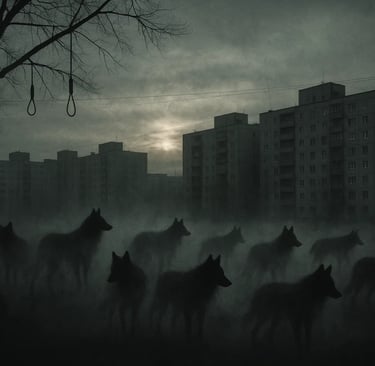a herd of dogs in a city park