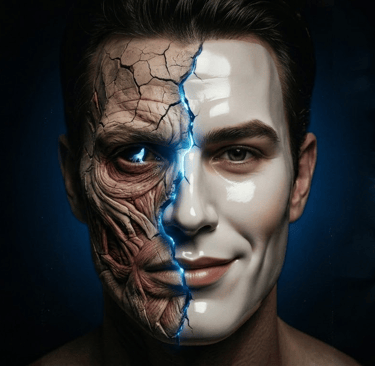 Surreal portrait of a man's face split between a porcelain mask and cracked muscle tissue.
