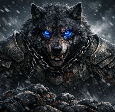 A fierce black wolf warrior with glowing blue eyes wearing armor in a dark winter snowstorm.