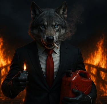 a wolf in a suit and tie with a lighter in his hand