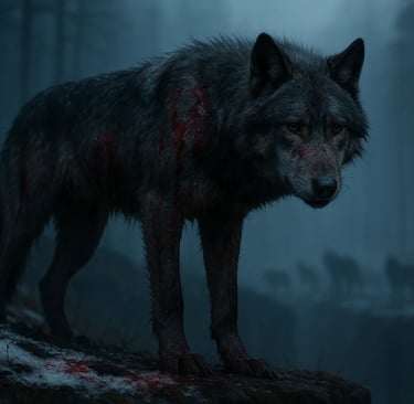 a wolf in the woods with blood on the ground