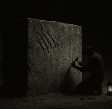 a man in a hat and a lantern light up a stone block