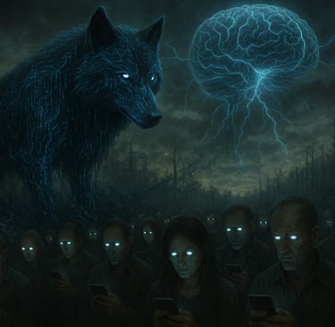 Massive glowing blue digital wolf watches humans with blank eyes linked to AI brain, forest decays in cyberpunk dystopia.