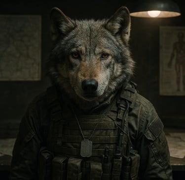 a wolf dog in a military uniform with a man in a military uniform