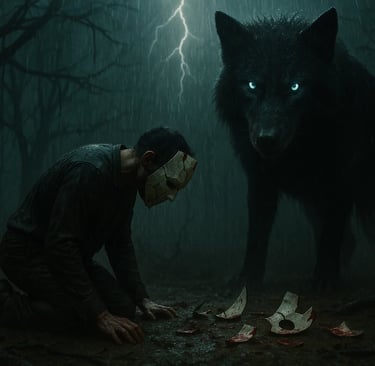 a man in a gas mask and a wolf