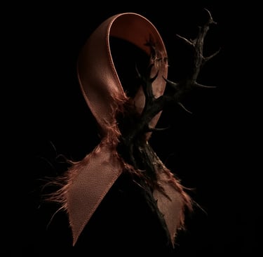 a ribbon tied to a tree branch with a ribbon tied to it