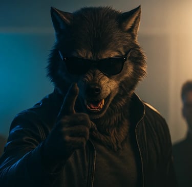 a wolf dog in a leather jacket with sunglasses on