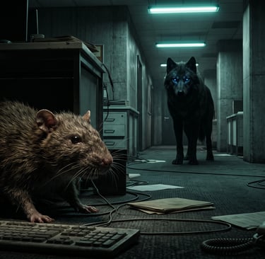 A large rat in a dark office with a black wolf with glowing blue eyes in the background.