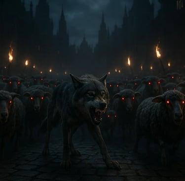 a wolf dog is walking through a herd of sheep
