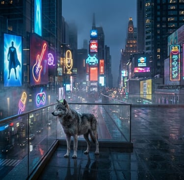 A lone wolf stands on a rainy balcony overlooking a futuristic city filled with vibrant neon signs and arcade lights.