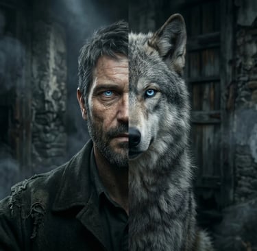 Split portrait of a rugged man and a grey wolf with glowing blue eyes in a dark, smoky setting.