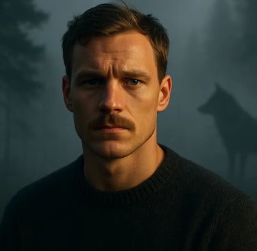 a man with a mustache and a goat in a dark room
