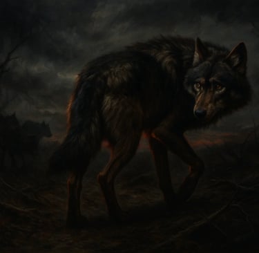 Lone wolf walking away from pack in stormy, desolate landscape, showing internal conflict and guilt, photorealistic with dark