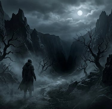 A hooded figure walks through a dark, misty mountain pass under a full moon with gnarled trees.