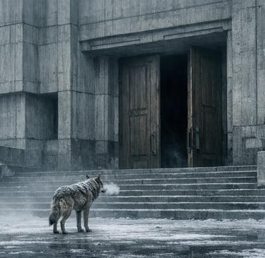 a wolf dog standing in front of a building