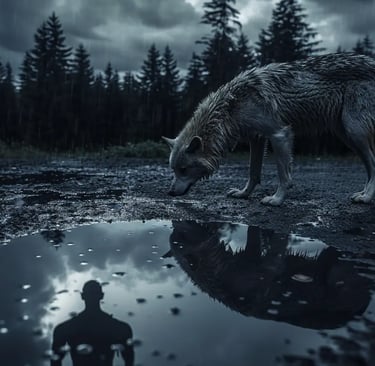 A gray wolf stands by a puddle in a dark forest, reflecting a man's silhouette under a rainy sky.
