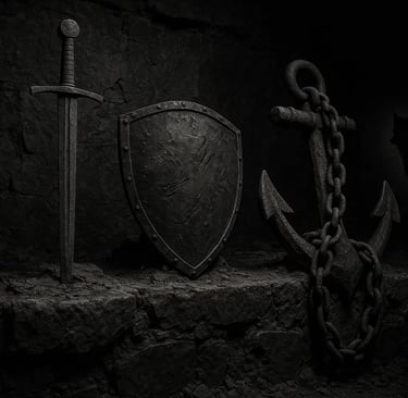 a sword and a shield on a stone wall