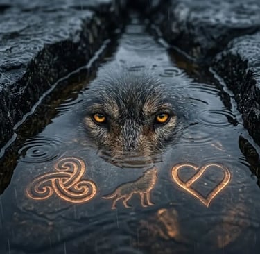 A wolf with golden eyes peeks out from dark water featuring glowing Celtic and animal symbols.