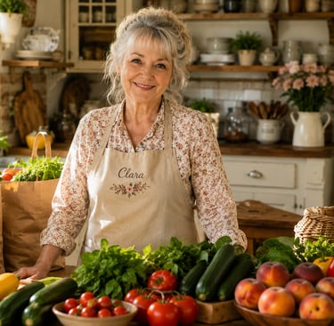 A smiling woman in a personalized apron stands behind a counter filled with fresh farm-to-table vegetables and fruits.