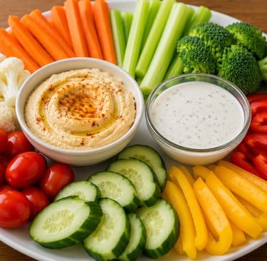 Fresh vegetable crudite platter with hummus, ranch dip, carrots, cucumbers, and broccoli.