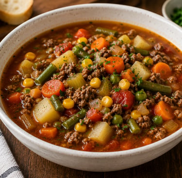 Bowl of homemade hamburger vegetable soup.