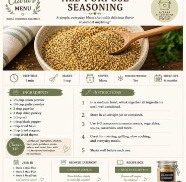 Recipe card for Clara's All-Purpose Seasoning with ingredients like garlic powder, paprika, and dried herbs.
