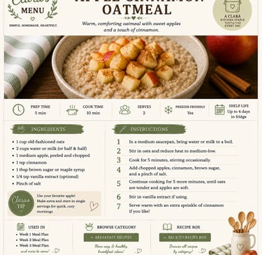 Recipe card for apple cinnamon oatmeal with cooked oats, diced red apples, and ground cinnamon.
