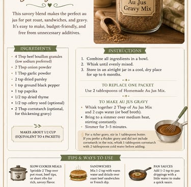 Homemade au jus gravy mix recipe card with ingredients, instructions, and tips for making easy beef gravy.