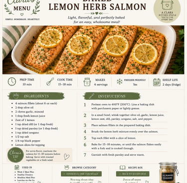 Recipe card for baked lemon herb salmon fillets topped with fresh lemon slices and herbs in a white baking dish.