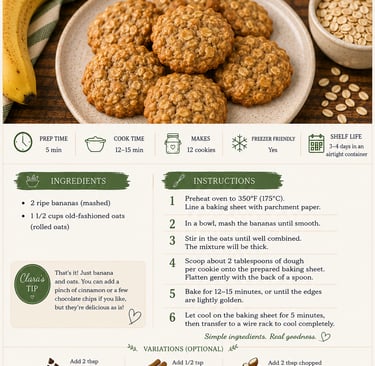 Recipe card for 2 ingredient banana oat cookies featuring ingredients, instructions, and healthy snack tips.