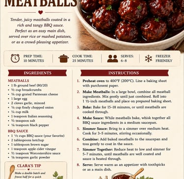A recipe card for sweet and tangy BBQ meatballs with a photo of glazed meatballs in a white bowl.