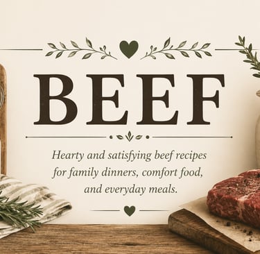Vintage beef recipe category header with rustic farmhouse kitchen styling featuring hearty homemade 