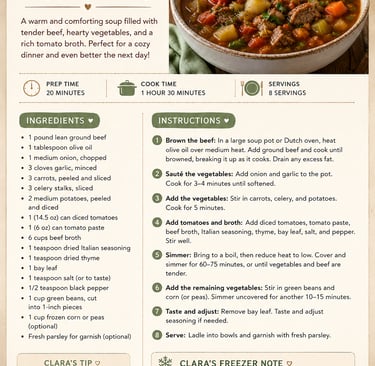A printable recipe for Clara's Hearty Beef and Vegetable Soup featuring ingredients, cooking instructions, and a bowl of