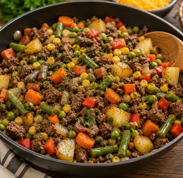 Beef & Vegetable Skillet  Description: Lean ground beef cooked with colorful vegetables for a quick 