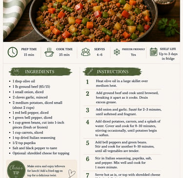 Recipe card for a beef and vegetable skillet meal including ingredients, instructions, and cooking time.