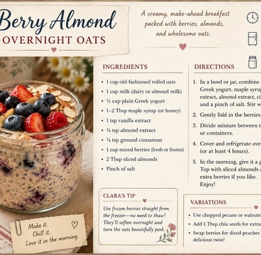 A detailed recipe card for Berry Almond Overnight Oats featuring a glass jar filled with oatmeal, fresh blueberries