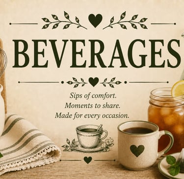 Vintage beverages recipe category header with coffee, tea, lemonade, and homemade drinks in a cozy f