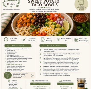 Recipe infographic for black bean and sweet potato taco bowls with ingredients, instructions, and meal prep tips.