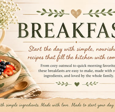Vintage breakfast recipe category header featuring cozy farmhouse kitchen styling with simple homema