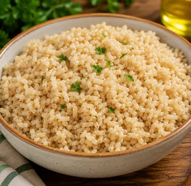 A ceramic bowl filled with cooked brown rice and garnished with fresh parsley on a wooden table.