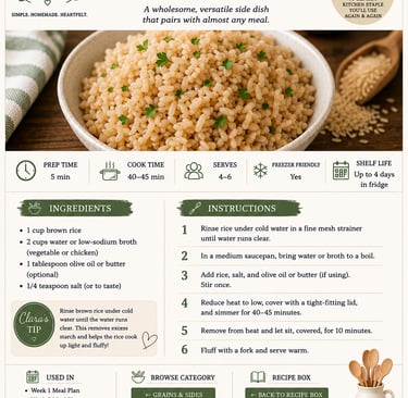 A brown rice recipe infographic with ingredients, instructions, and cooking tips for a healthy side dish.