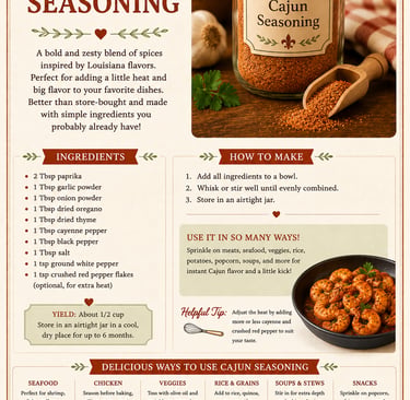 Recipe infographic for homemade Cajun seasoning with ingredients and food pairing ideas for spicy Creole cooking.