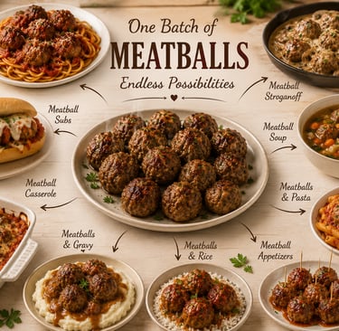 A variety of meatball recipes including spaghetti, subs, soup, and casserole arranged around a central plate of meatballs.