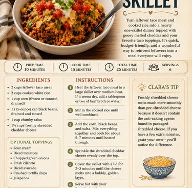 Recipe card for a cheesy taco rice skillet featuring a bowl of seasoned ground beef, rice, corn, and beans.
