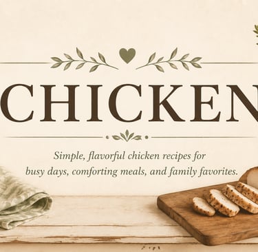 Vintage chicken recipe category header with farmhouse kitchen décor showcasing easy homemade chicken